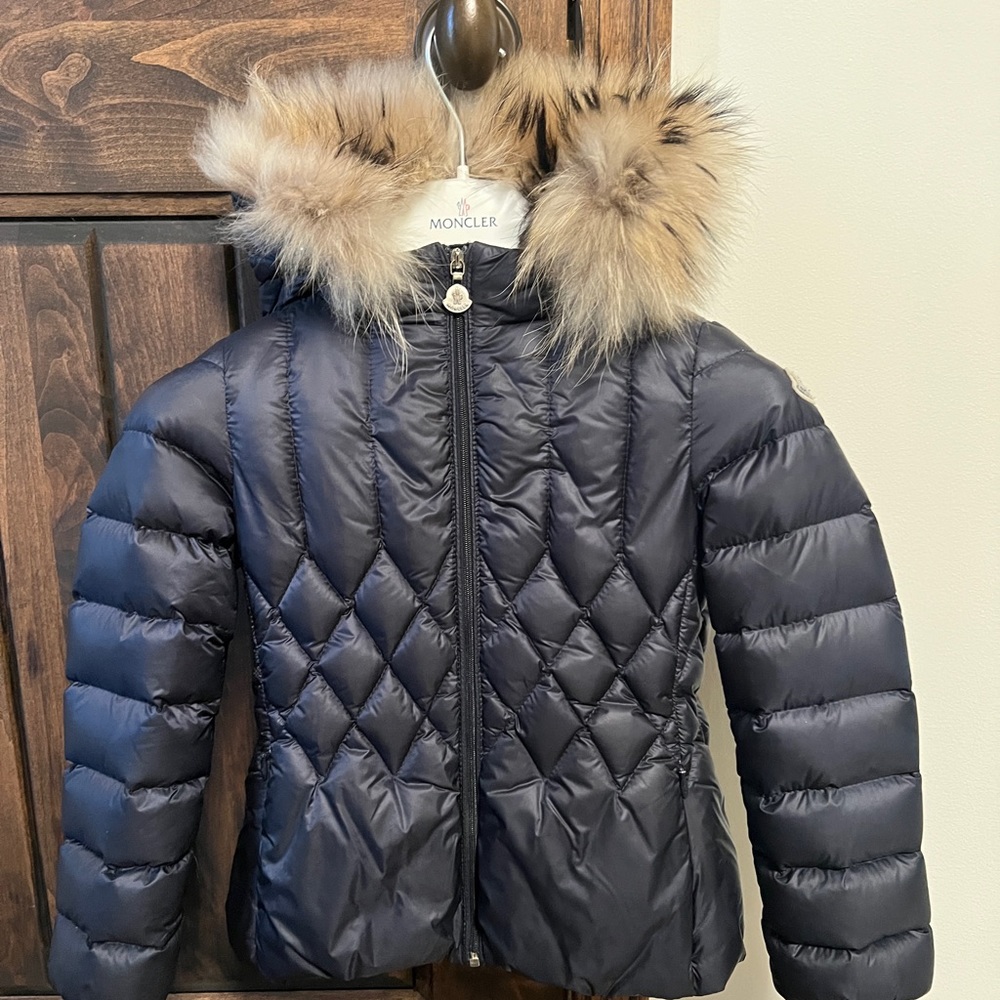 Moncler Kids Puffer Jacket in Navy with Fur Trim